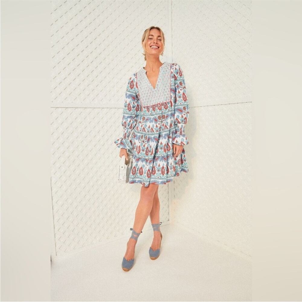 Tuckernuck Teal and Seagrass Floral Block Print Kenzie Tiered Mini Dress XS - Picture 5 of 12